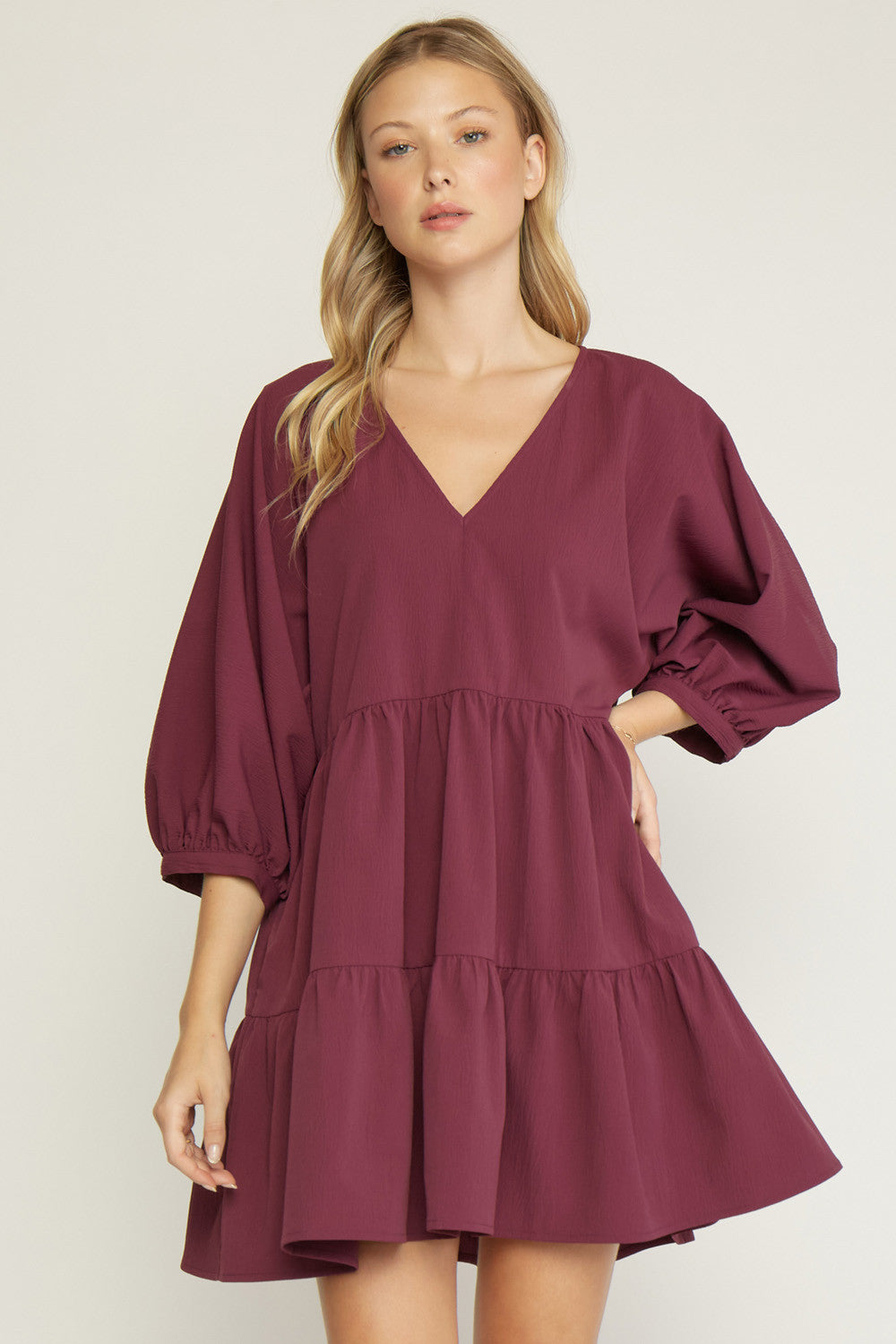 Solid V-Neck 3/4 Balloon Sleeve Tiered Dress