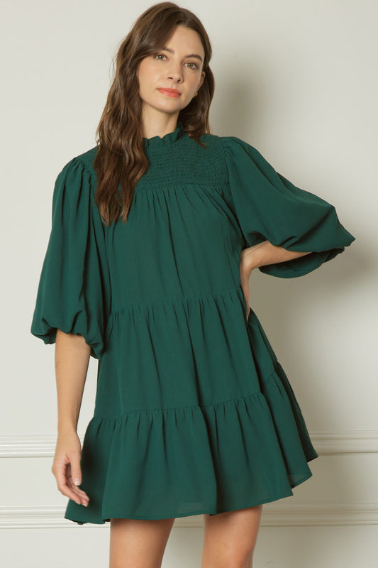 Solid Smocked Top 1/2 Balloon Sleeve Tiered Dress