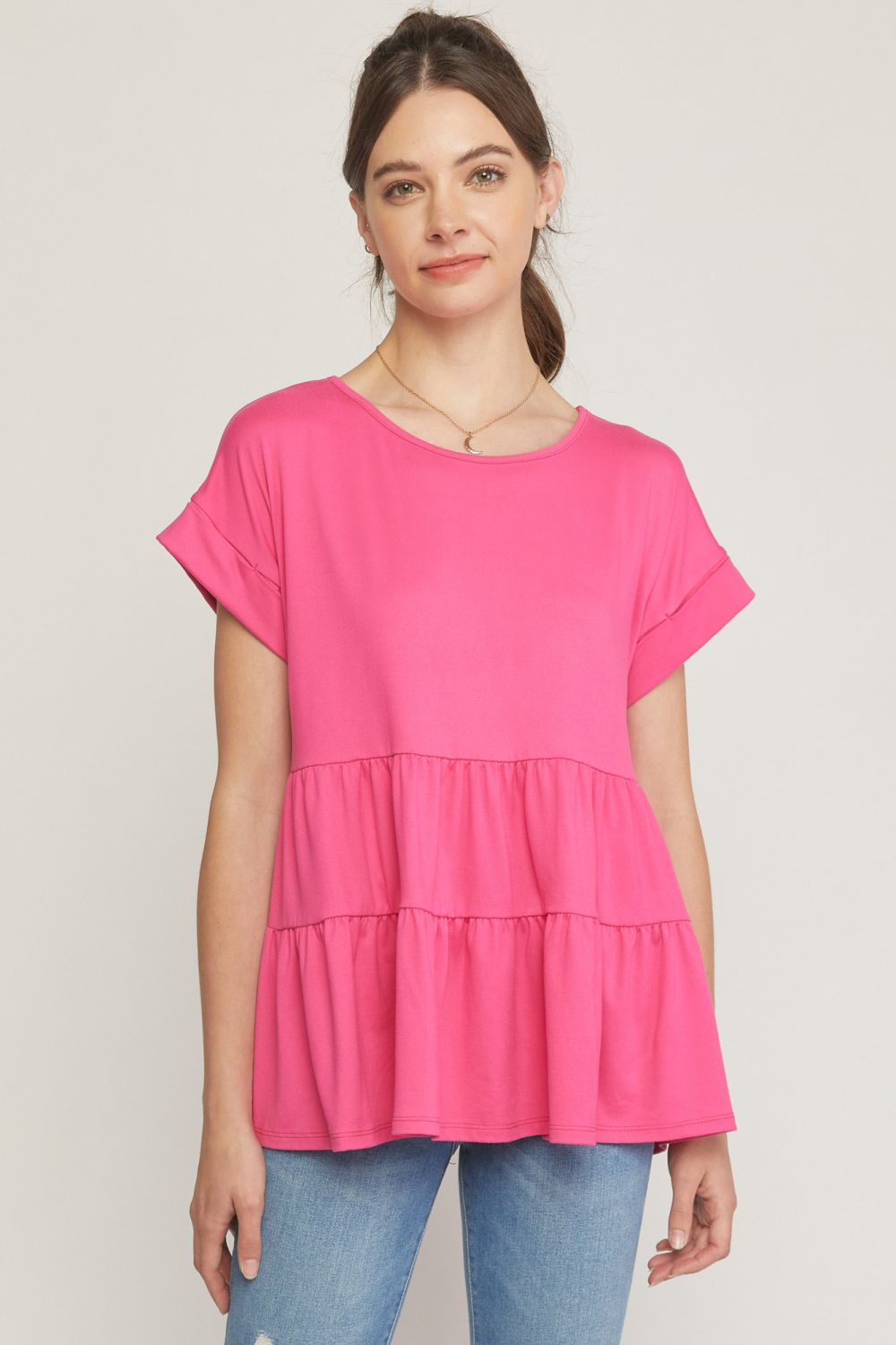 Solid Cuffed Sleeve Tiered Top-HPink