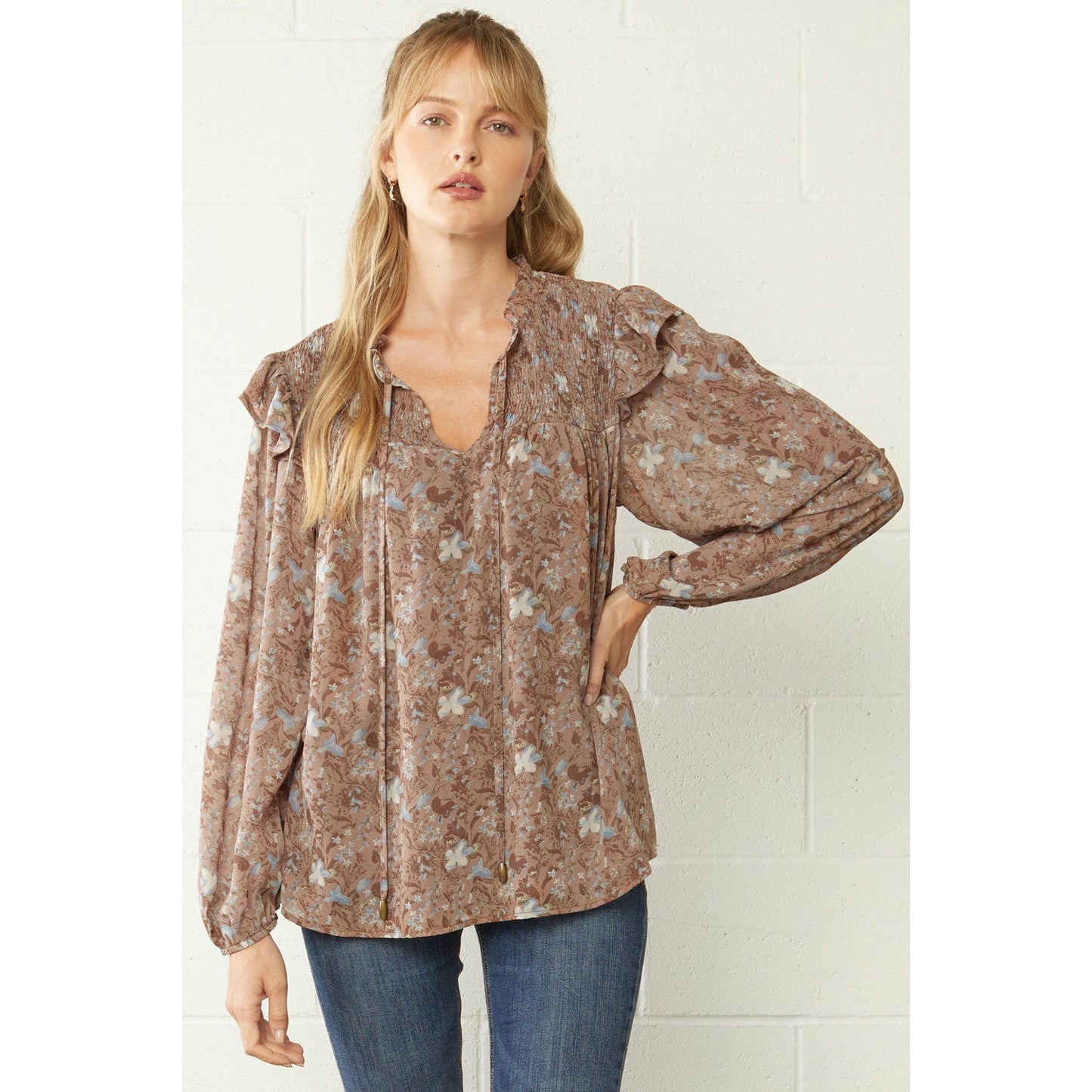 Floral Tie Neck Smocked Ruffle Detail Top-Mocha
