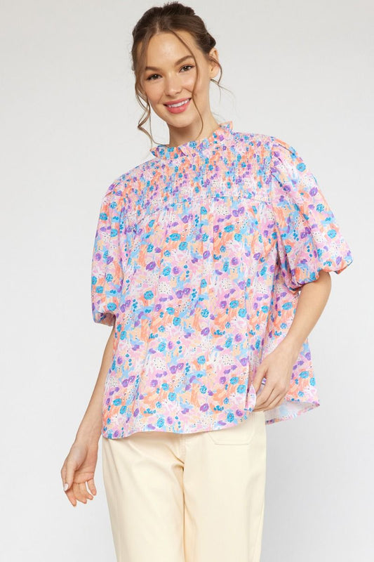 Floral Mock Neck Puff Sleeve Top- Multi