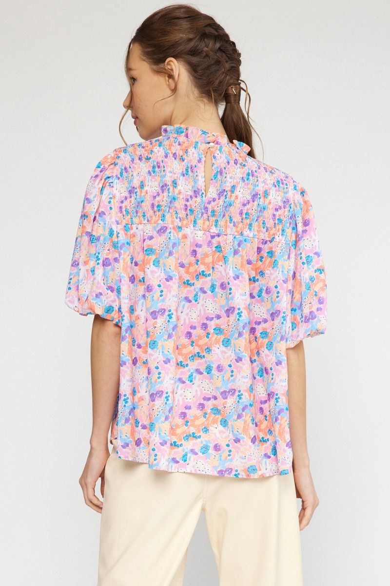 Floral Mock Neck Puff Sleeve Top- Multi