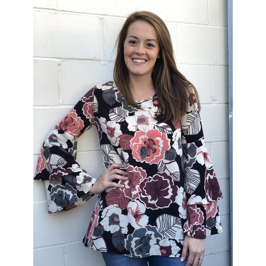Floral Tunic w/ Double Ruffle Sleeve